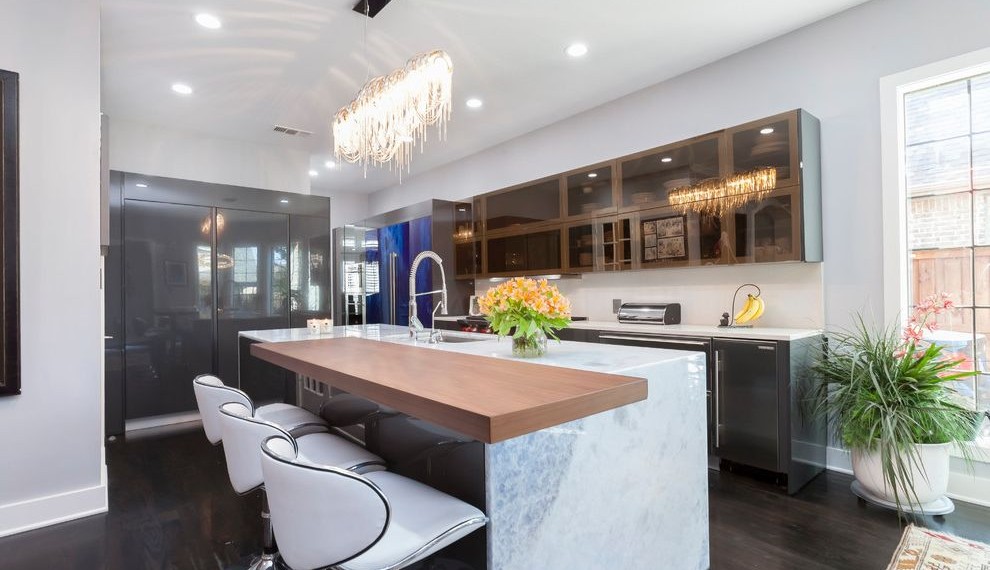 Direct Vent Gas Fireplace Modern Kitchen with Island Table
