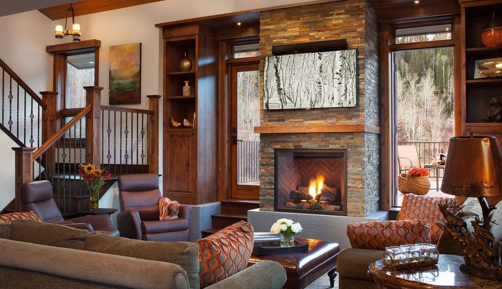 Direct Vent Gas Fireplace Rustic Living Room with Orange and Gray