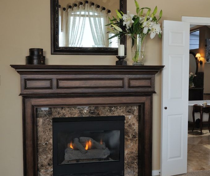 Direct Vent Gas Fireplace Traditional Bedroom with Wood Paneling