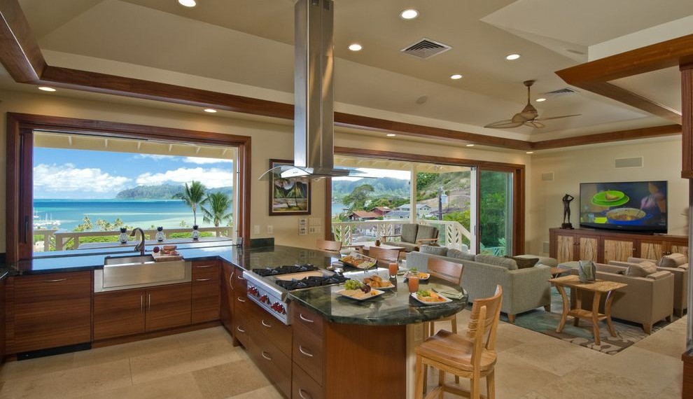 Direct Vent Gas Fireplace Tropical Kitchen with Curved Glass Vent Hood