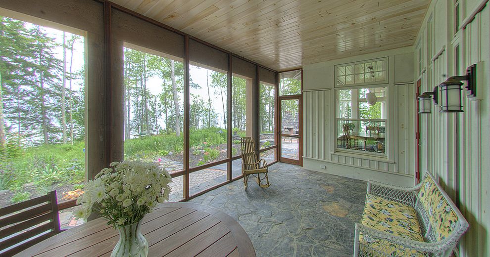 Do It Yourself Concrete Leveling Rustic Porch with Wood Ceiling