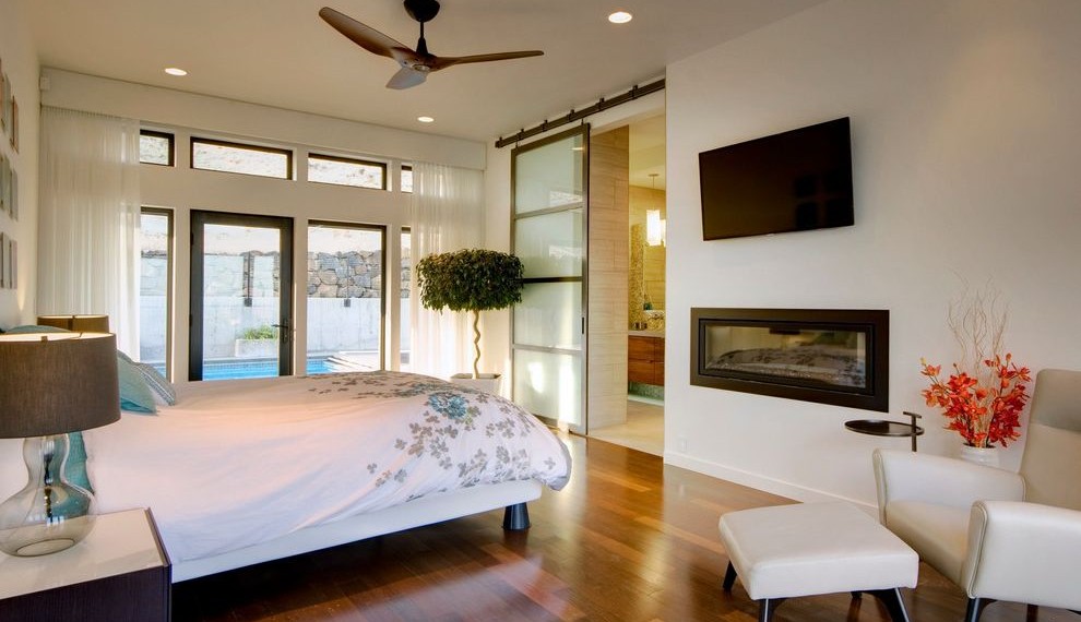 Doggie Doors for Sliding Glass Doors Contemporary Bedroom with Ceiling Fan