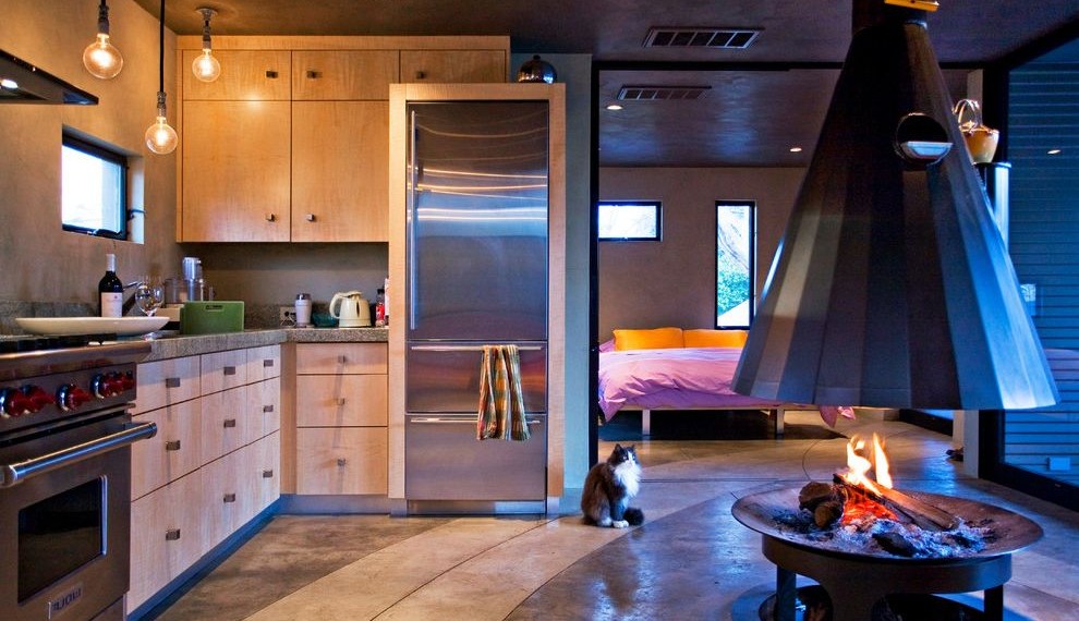 Edison Hanging Lights Industrial Kitchen with Patterned Concrete Floor