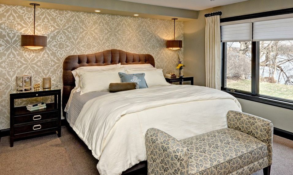 Edison Hanging Lights Traditional Bedroom with Tufted Headboard