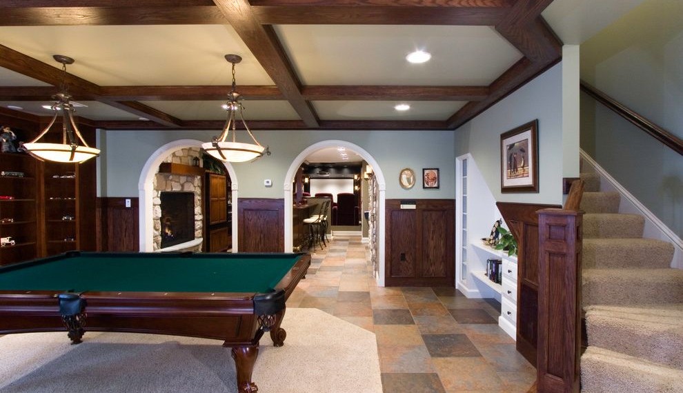 Edison Hanging Lights Traditional Family Room with Built in Shelves