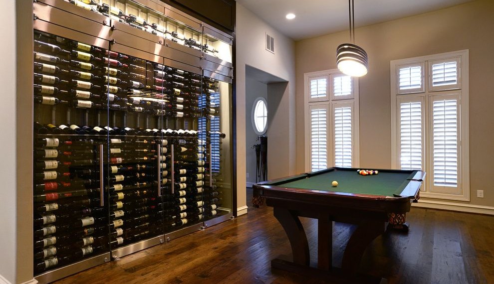 Edison Hanging Lights Transitional Wine Cellar with Dark Wood Floors