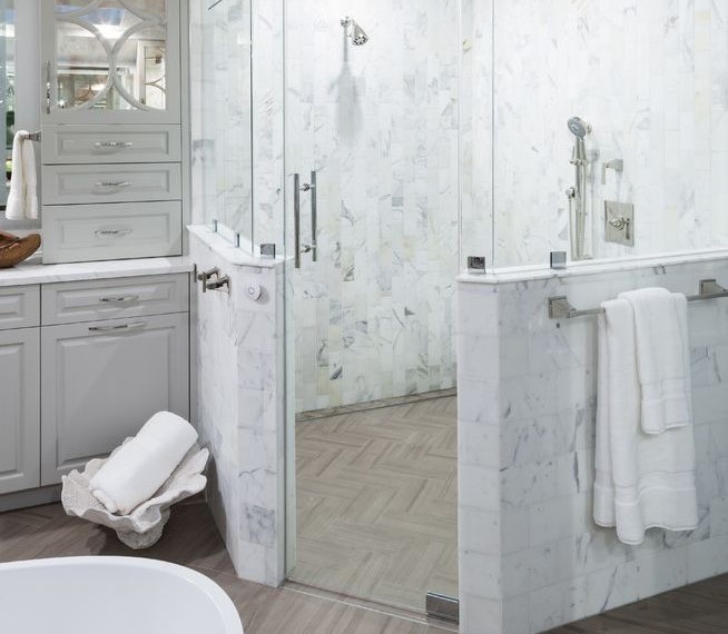 Electric Radiant Floor Heating Transitional Bathroom with Gray Paint