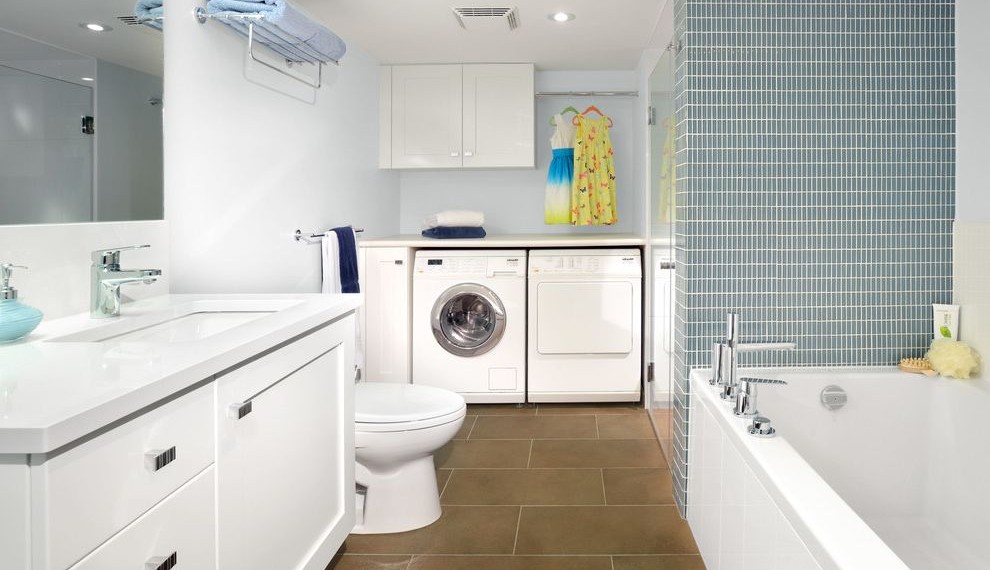 Energy Efficient Washer and Dryer Contemporary Bathroom with Hanging Rod