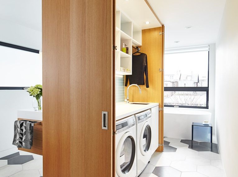 Energy Efficient Washer and Dryer Contemporary Laundry Room with White Walls