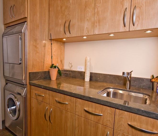 Energy Efficient Washer and Dryer Modern Laundry Room with Slate Floor
