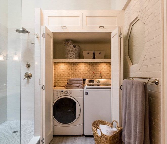 Energy Efficient Washer and Dryer Transitional Bathroom with Mosaic Shower Floor