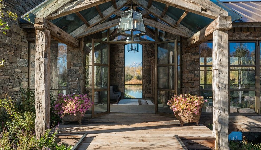 Entry Doors with Sidelights Rustic Entry with Potted Plants