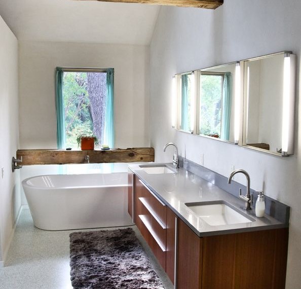 Exposed Air Conditioning Ducts Industrial Bathroom with Weathered Wood