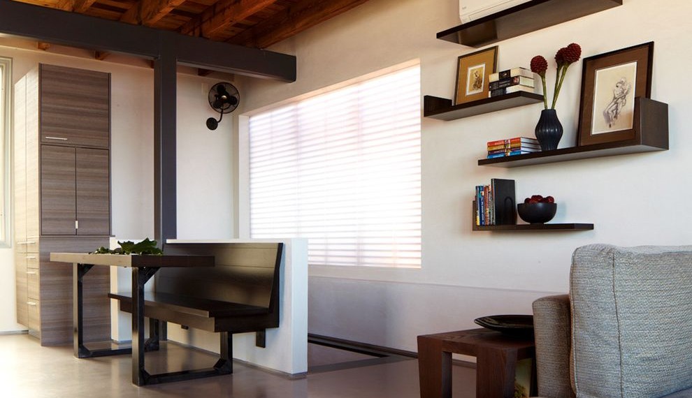 Exposed Air Conditioning Ducts Modern Living Room with Sheer Blinds