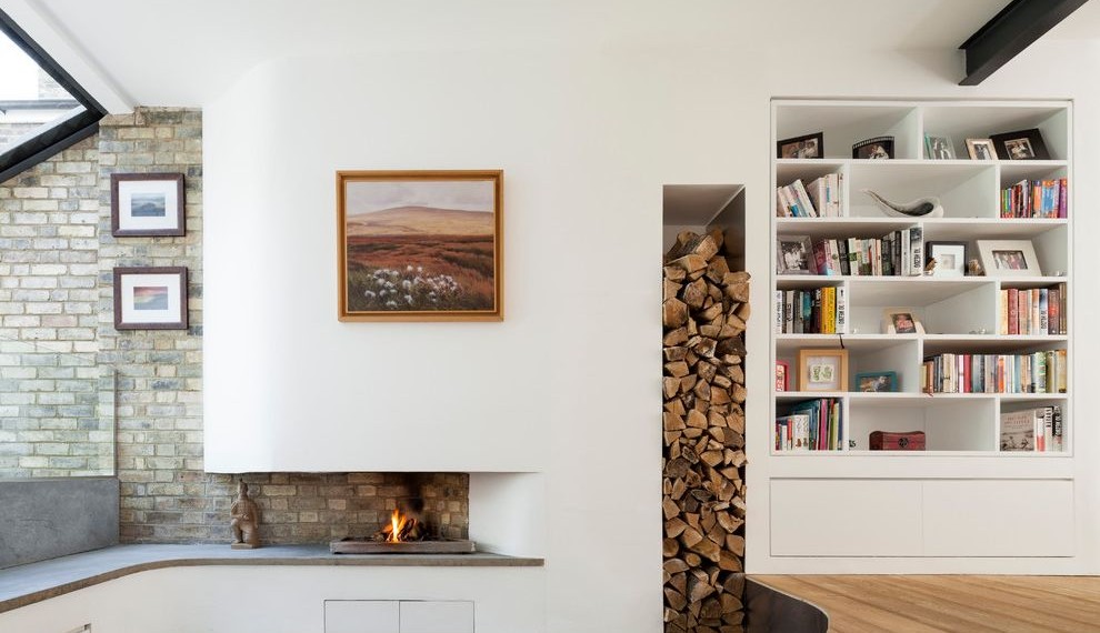 Fireplace Log Grate Contemporary Living Room with White Walls