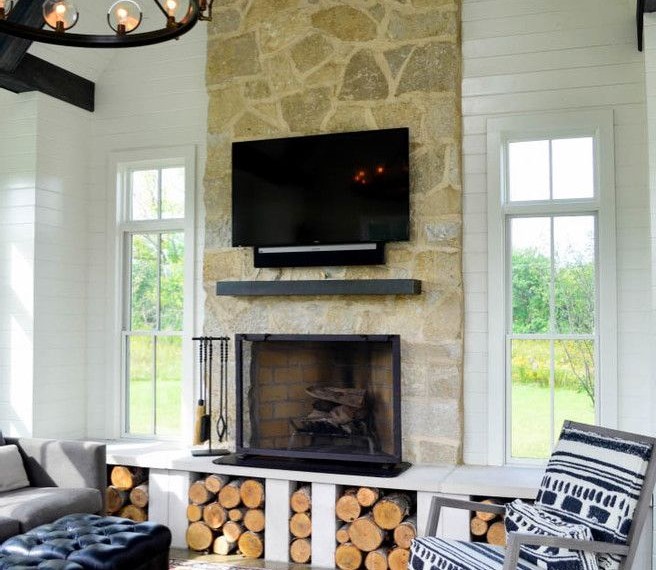 Fireplace Log Grate Farmhouse Sunroom with Paving
