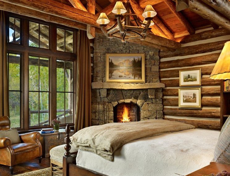 Fireplace Log Grate Rustic Bedroom with Wooden Bed