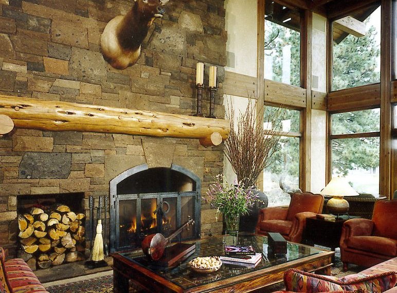 Fireplace Log Grate Rustic Living Room with Wood Ceiling