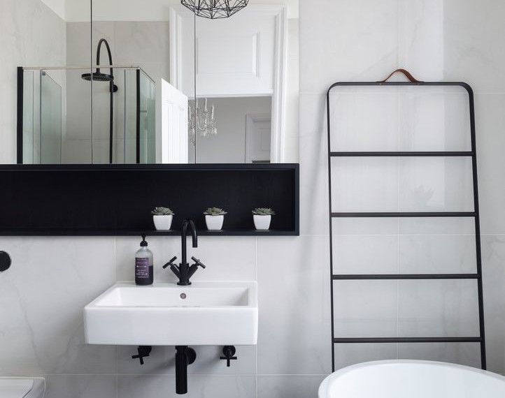 Fitted Rectangle Tablecloths Contemporary Bathroom with Black Pendant Light