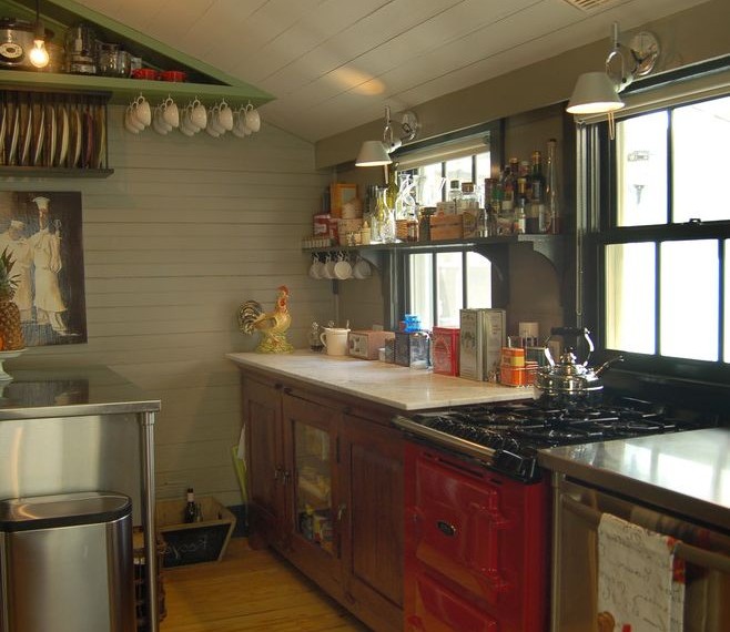 Frigidaire Stove Top Rustic Kitchen with Vaulted Ceiling