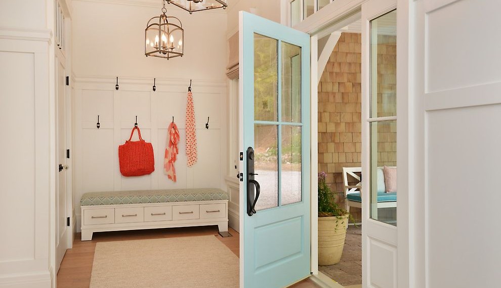 Front Doors with Sidelights Beach Style Entry with Lanterns