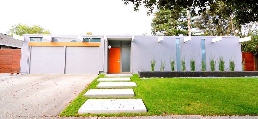 Front Doors with Sidelights Midcentury Exterior with Concrete Walkway