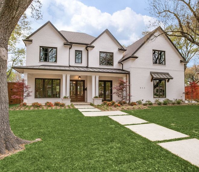 Front Doors with Sidelights Transitional Exterior with Metal Window Awning