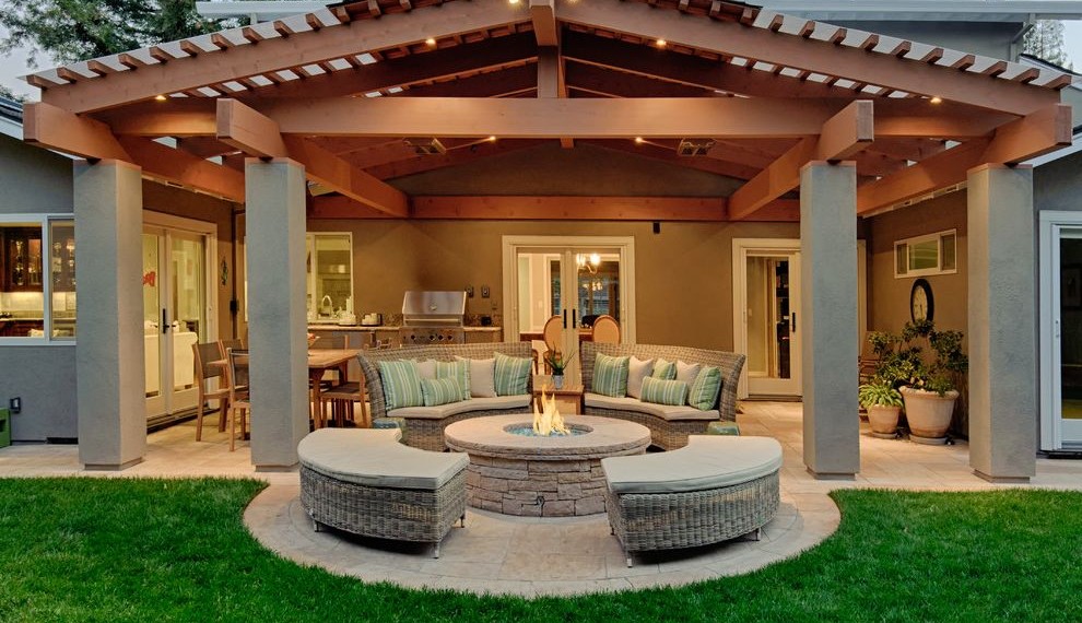 Gable Vent Fan Traditional Patio with Wood Post