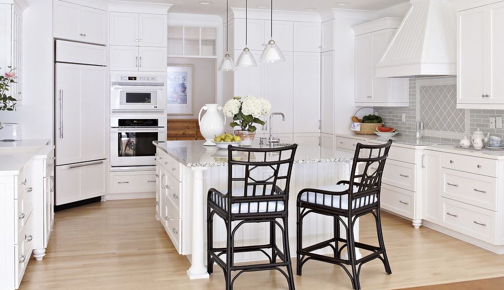 Ge Profile Double Oven Beach Style Kitchen with Recessed Lighting