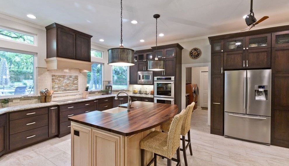 Ge Profile Double Oven Modern Kitchen with American Walnut Island Top
