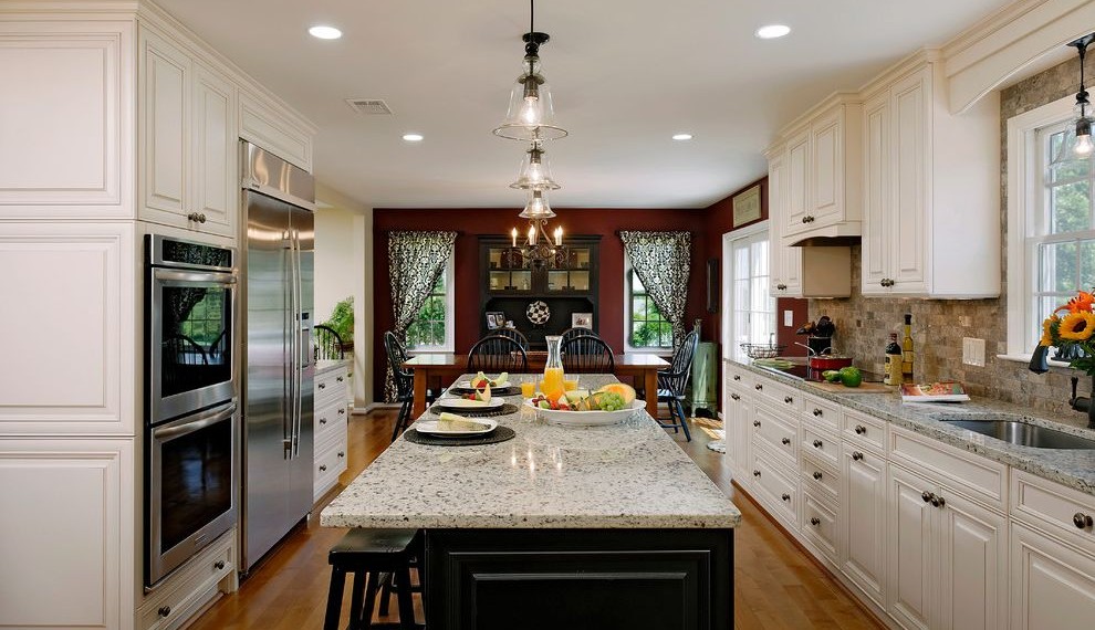 Ge Profile Double Oven Traditional Kitchen with Long Dining Table