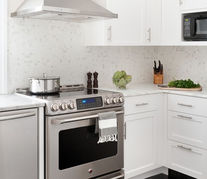 Ge Profile Double Oven Transitional Kitchen with Calcutta