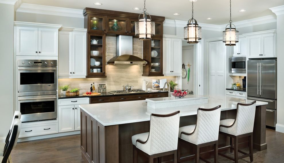 Ge Profile Double Oven Transitional Kitchen with Recessed Lighting