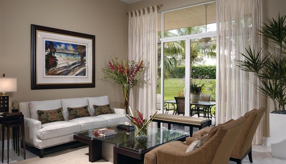 Grommet Top Curtains Contemporary Living Room with Glass Doors