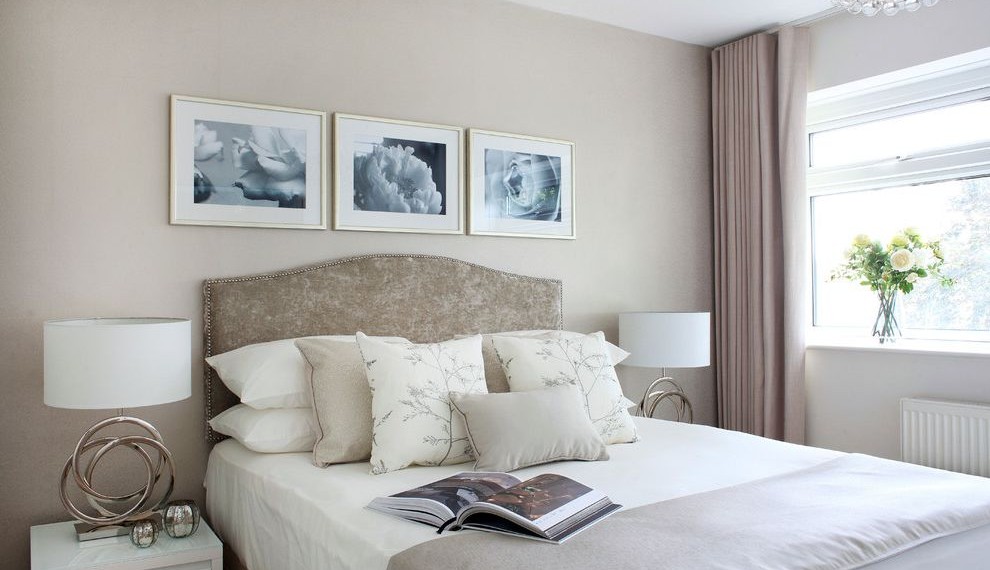 Grommet Top Curtains Transitional Bedroom with Original Table Lamps