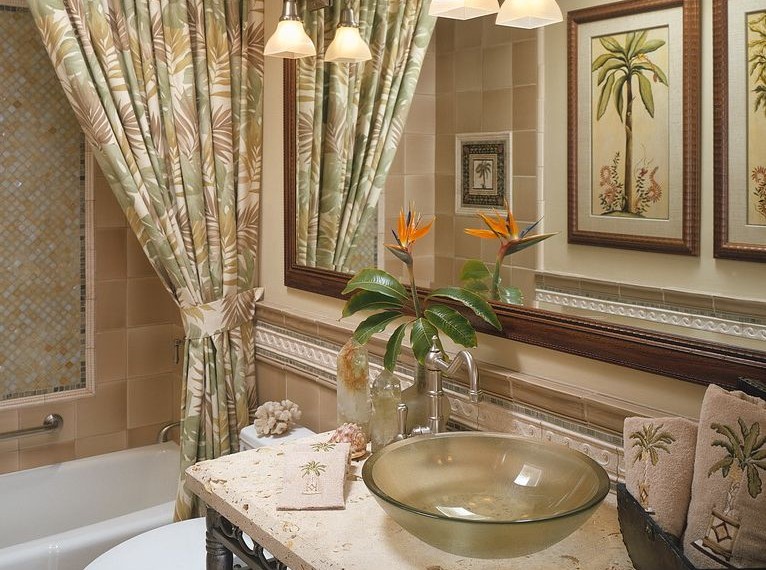 Grommet Top Curtains Tropical Bathroom with Tile Stripe