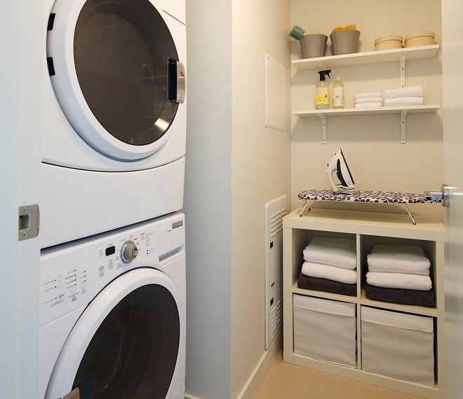 Hamper Washer Dryer Contemporary Laundry Room with Open Shelving