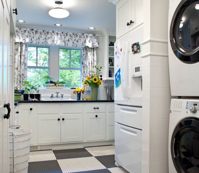 Hamper Washer Dryer Traditional Laundry Room with Drapes
