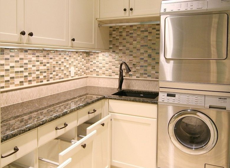 Hamper Washer Dryer Traditional Laundry Room with Full Height Backsplash