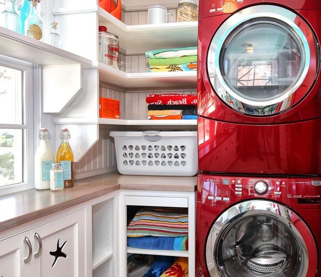 Hamper Washer Dryer Traditional Laundry Room with Red Appliances
