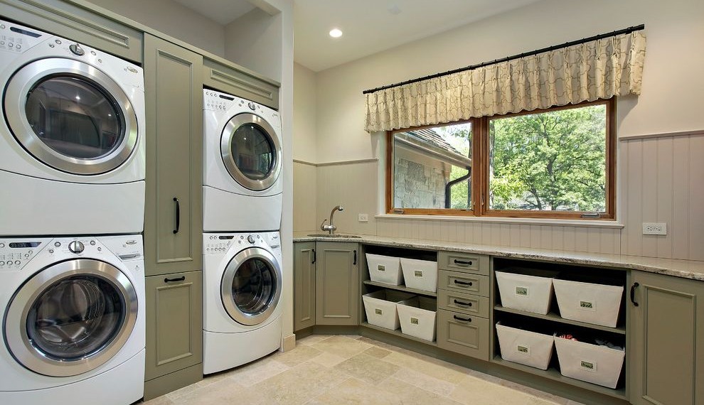 Hamper Washer Dryer Traditional Laundry Room with Stackable Washer and Dryer