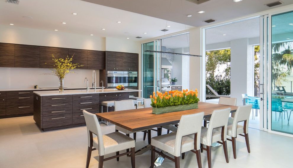 Hanging Bar Lights Contemporary Dining Room with Open Floor Plan