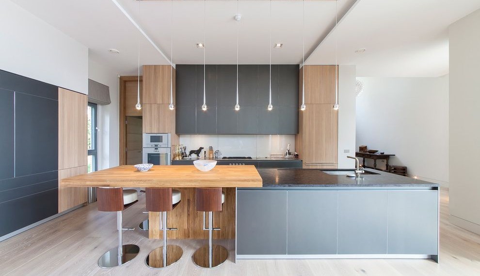 Hanging Bar Lights Contemporary Kitchen with Open Plan Kitchen