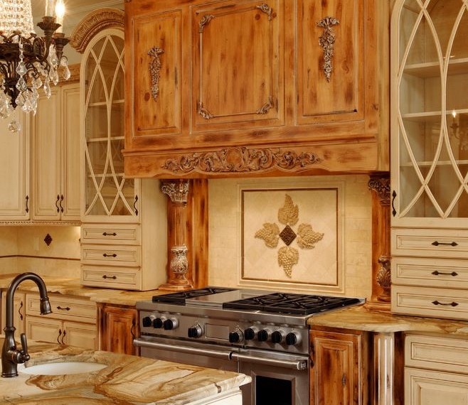 Hardwood Stair Treads Mediterranean Kitchen with Cabinet Design