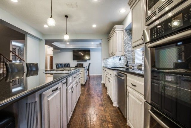 Hardwood Stair Treads Transitional Kitchen with Breakfast Island