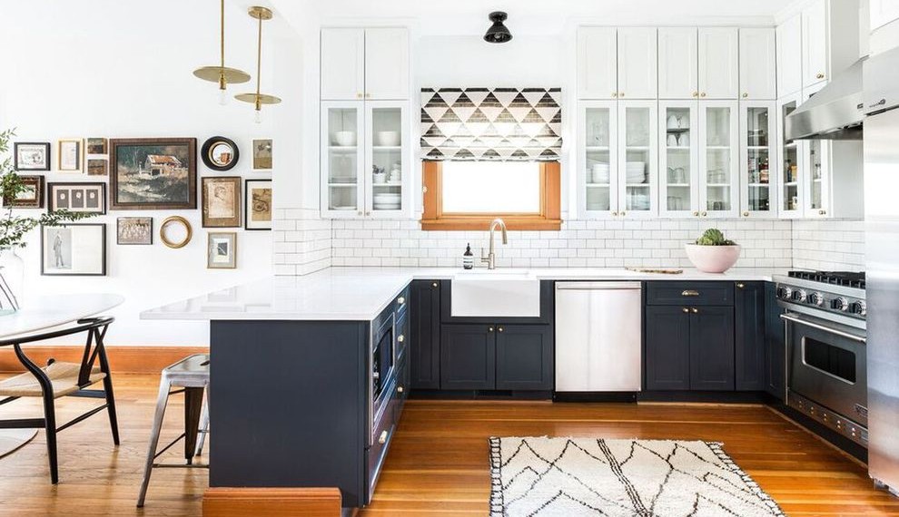 How to Restain Kitchen Cabinets Farmhouse Kitchen with Blue and White Kitchen