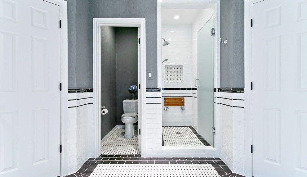 Hydronic Radiant Floor Heating Traditional Bathroom with Black Mirror Frame