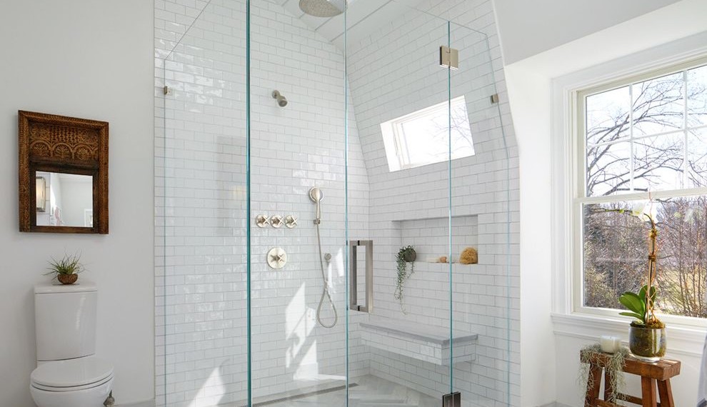 Hydronic Radiant Floor Heating Transitional Bathroom with White Wood Ceiling