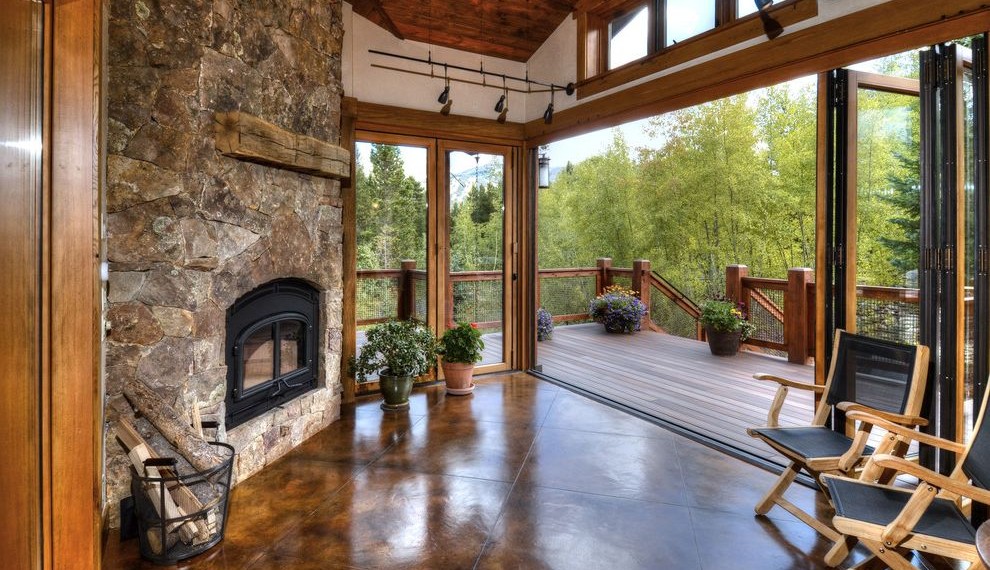 Indoor Firewood Rack Contemporary Porch with Polished Concrete Floor