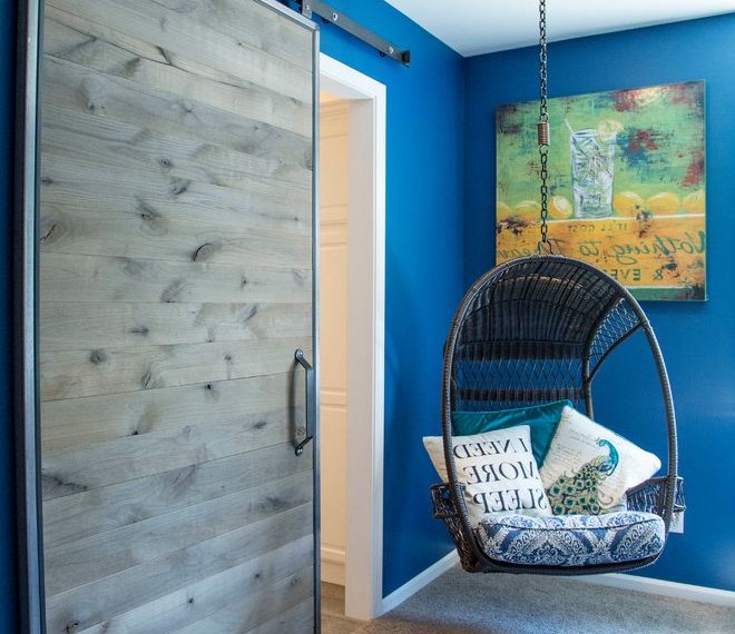 Inside Sliding Barn Doors Contemporary Bedroom with Bright Blue Bedroom Walls